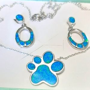 Opal Paw Necklace + Earrings Silver Set
